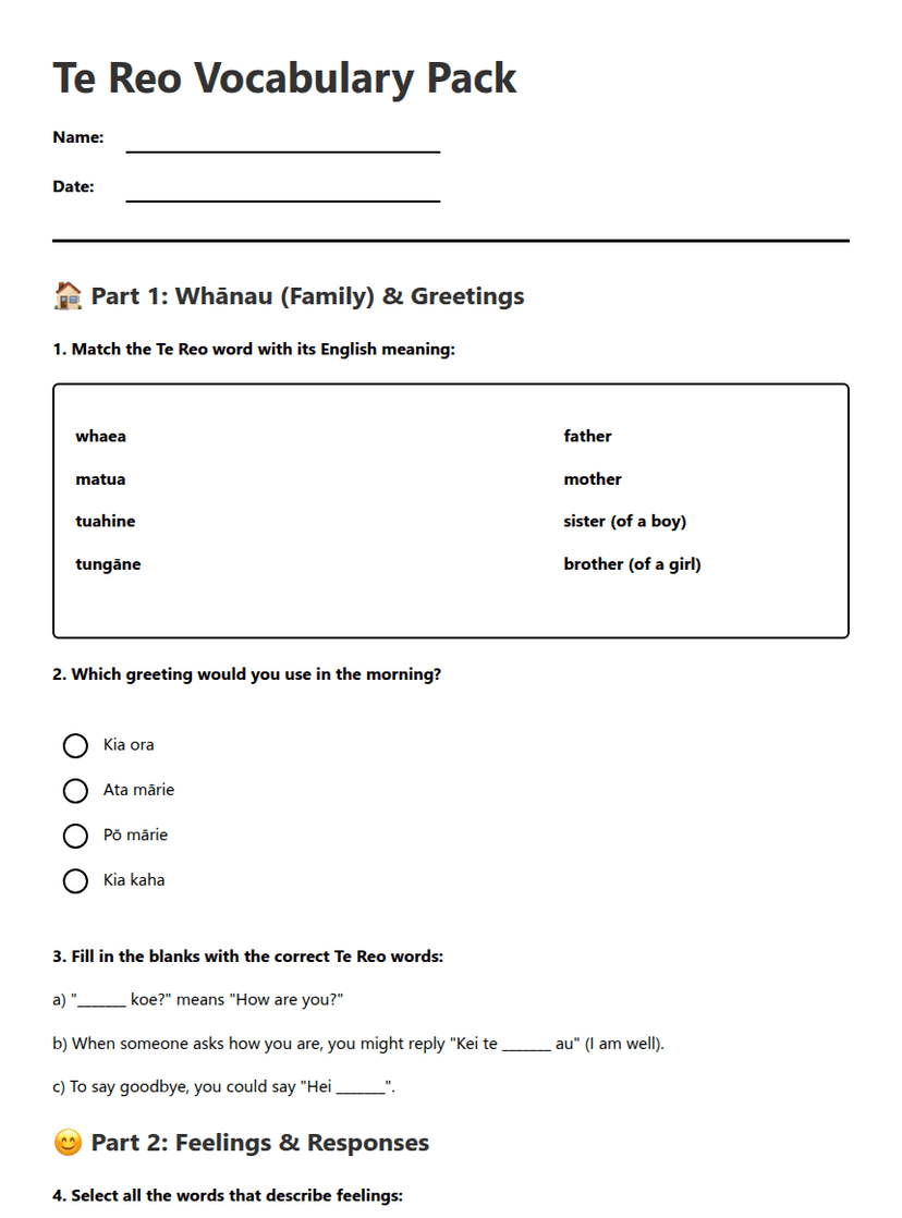 Te Reo Vocabulary Pack