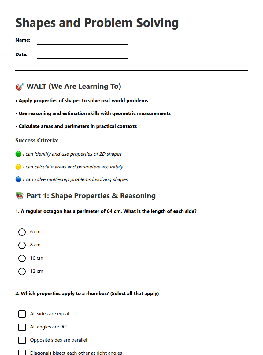 Shapes and Problem Solving worksheet preview