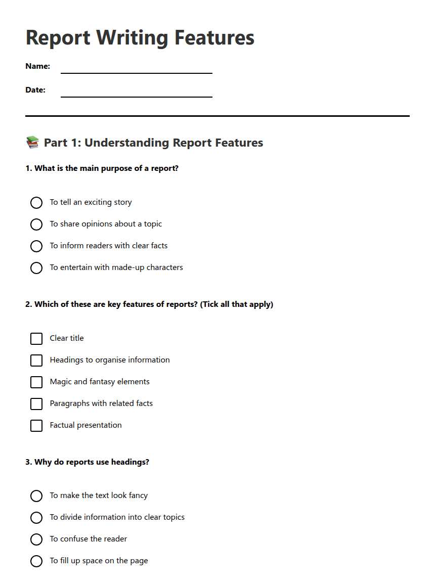 Report Writing Features worksheet preview