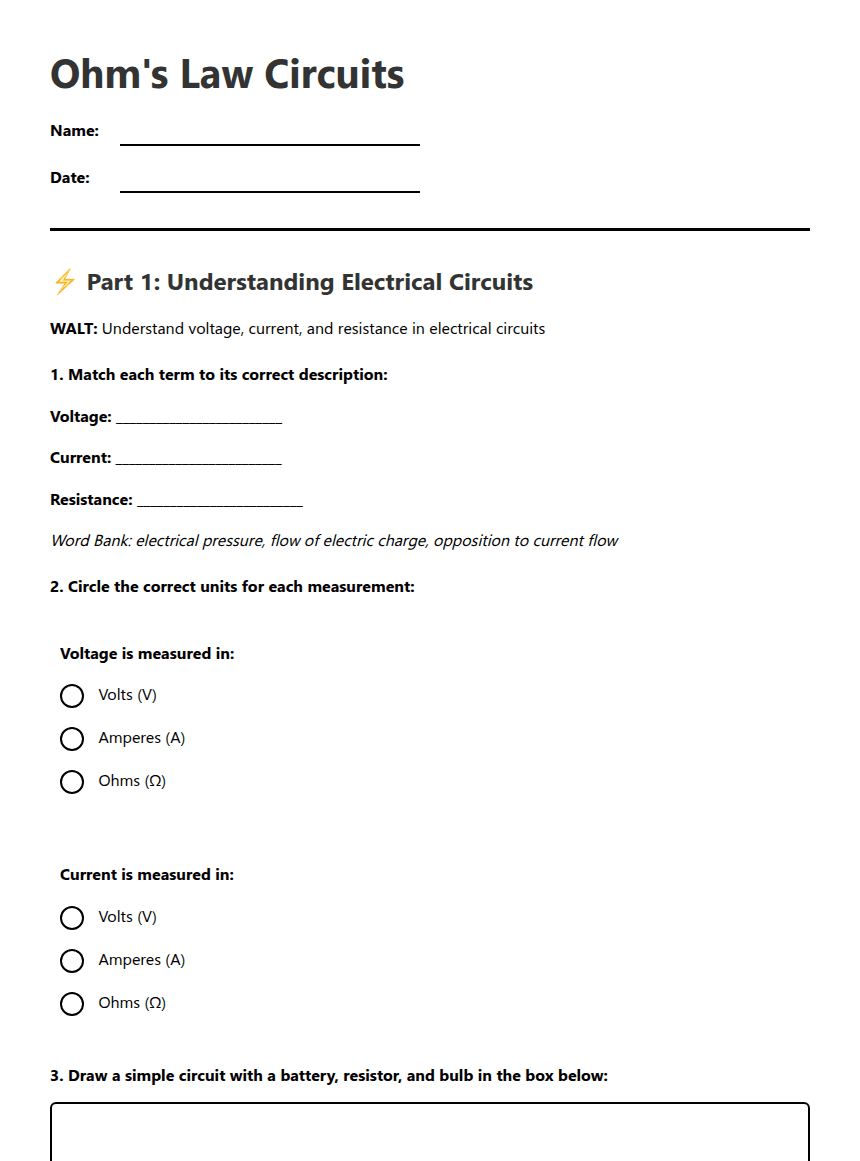 Ohm's Law Circuits worksheet preview