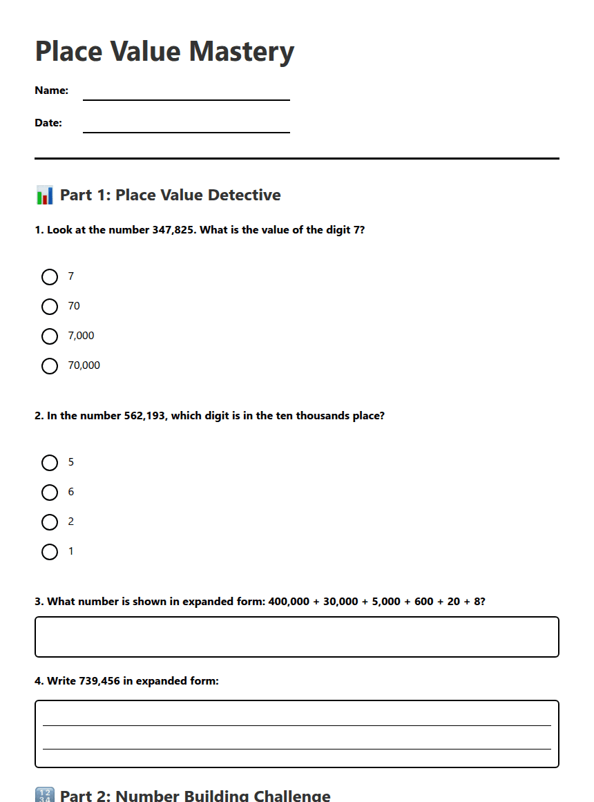 Place Value Mastery worksheet preview