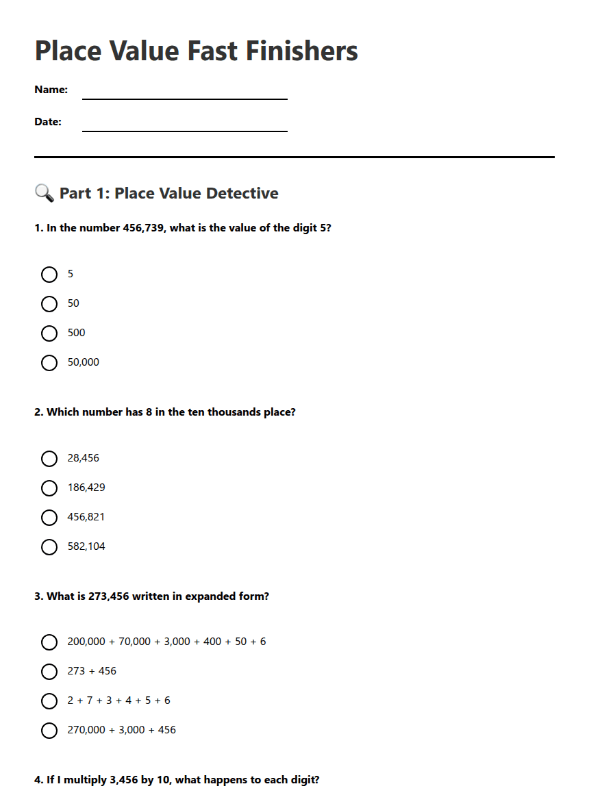 Place Value Fast Finishers worksheet preview