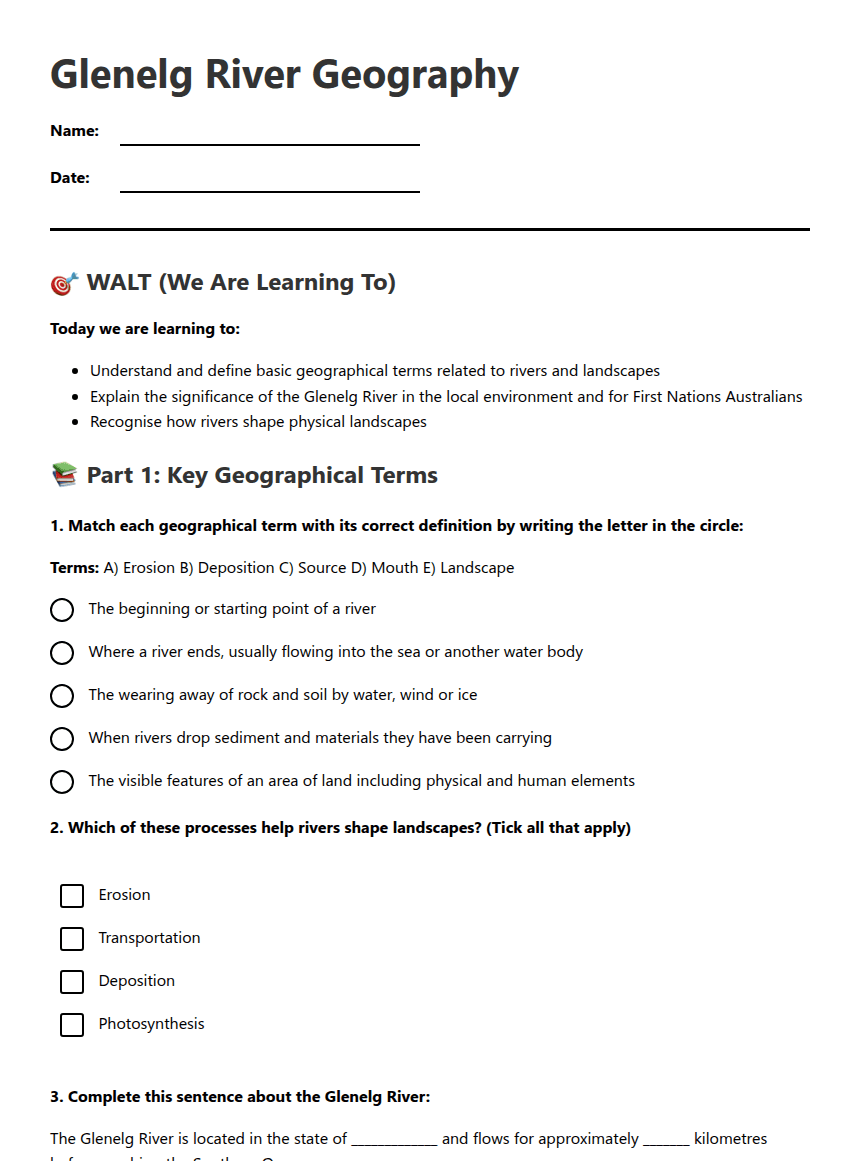 Glenelg River Geography worksheet preview