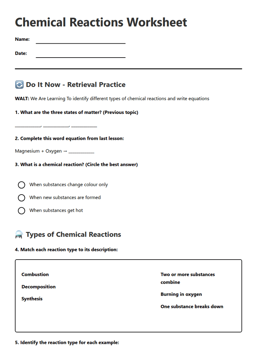 Chemical Reactions Worksheet