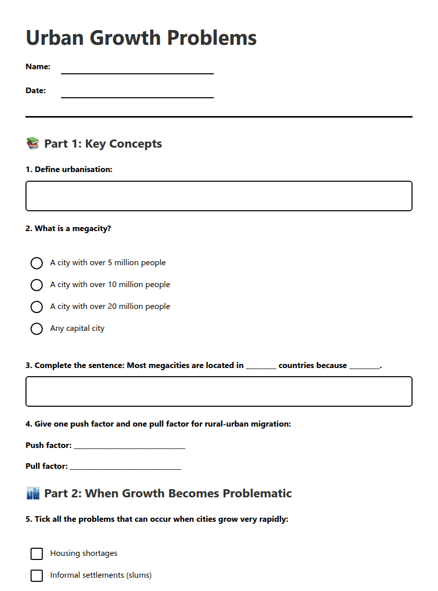 Urban Growth Problems worksheet preview