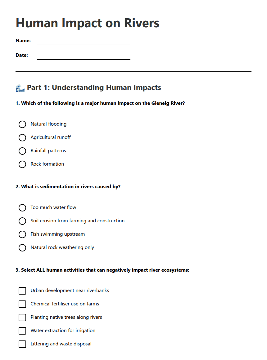 Human Impact on Rivers worksheet preview