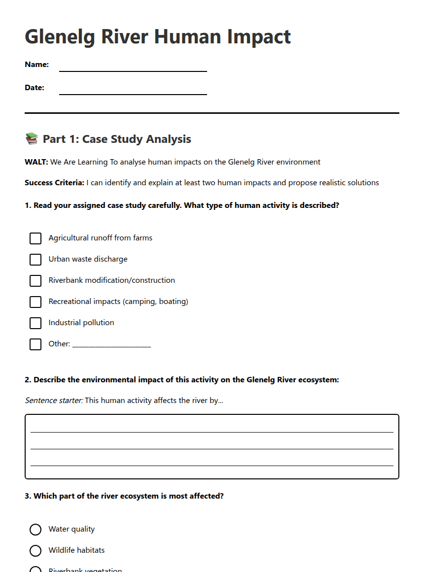 Glenelg River Human Impact worksheet preview