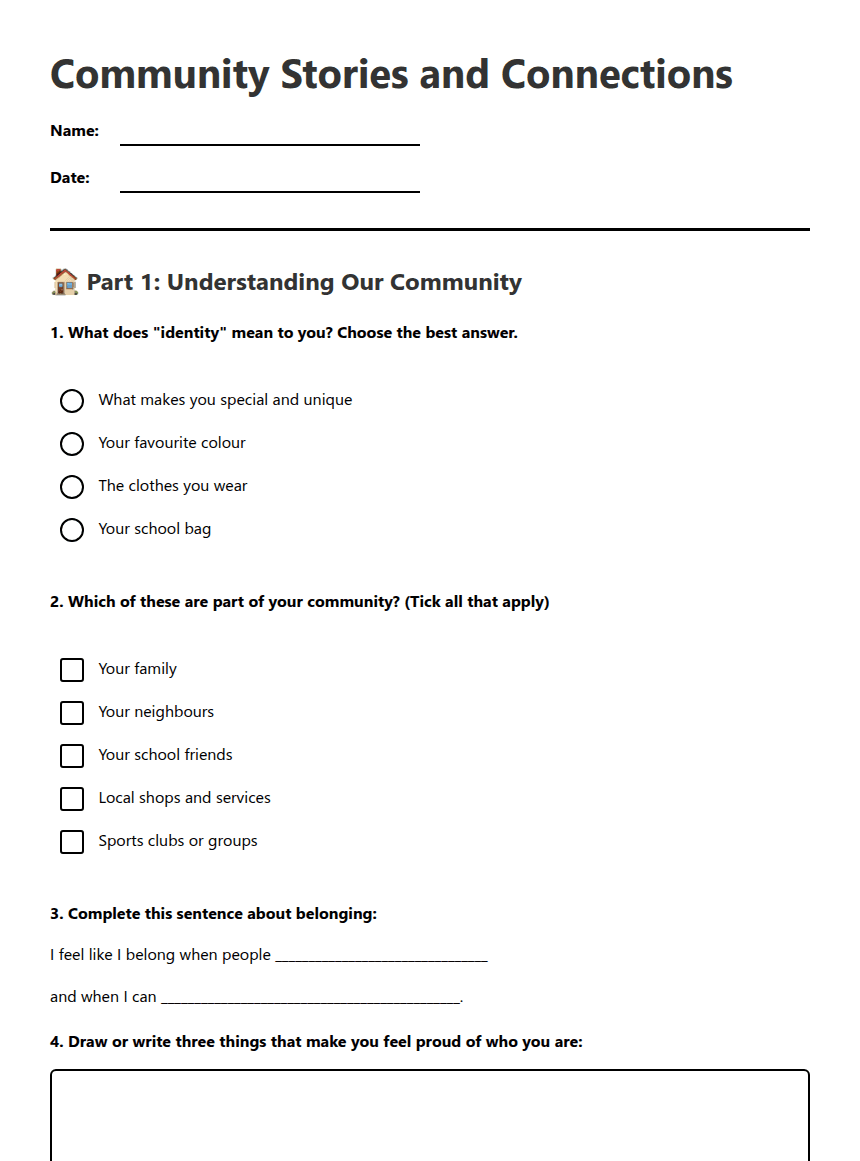 Community Stories and Connections worksheet preview