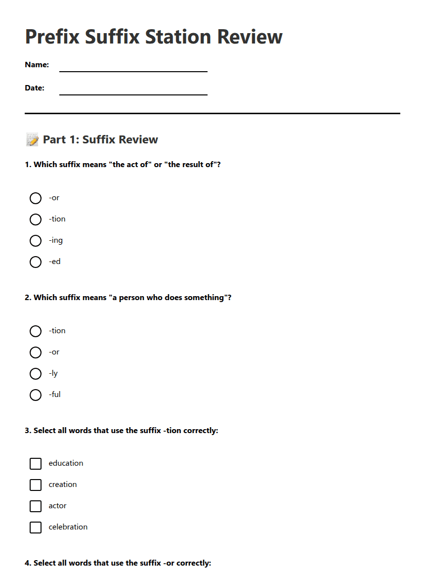Prefix Suffix Station Review worksheet preview