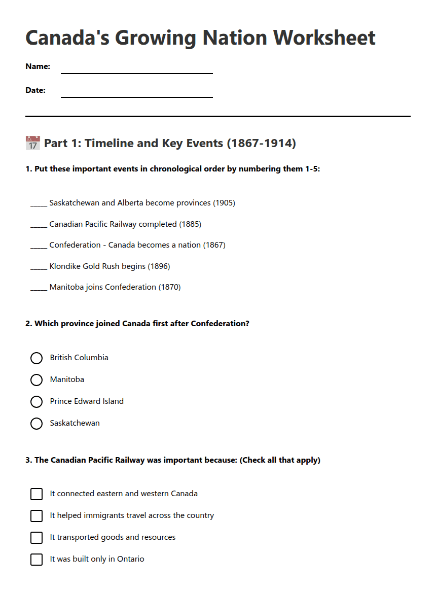Canada's Growing Nation Worksheet worksheet preview
