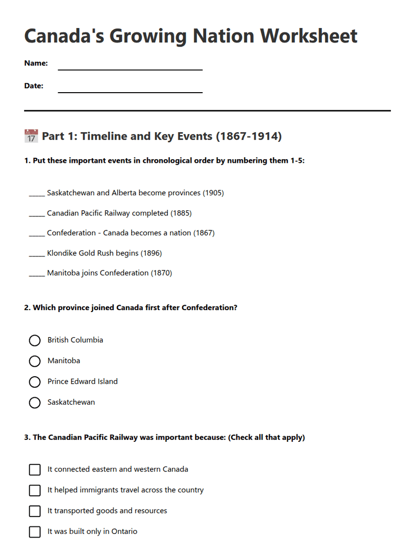 Canada's Growing Nation Worksheet