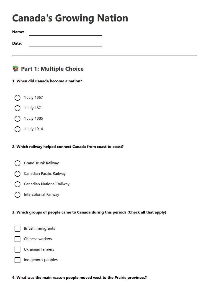 Canada's Growing Nation worksheet preview