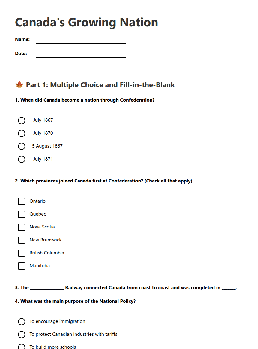 Canada's Growing Nation worksheet preview