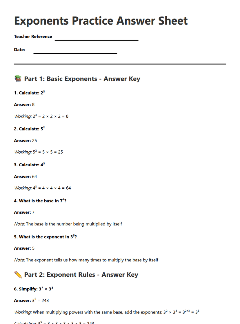 Exponents Practice Answer Sheet