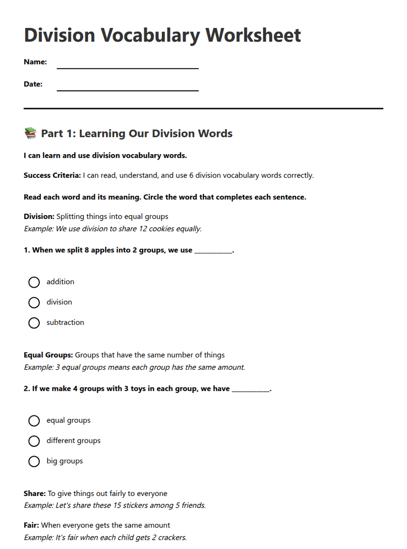Division Vocabulary Worksheet