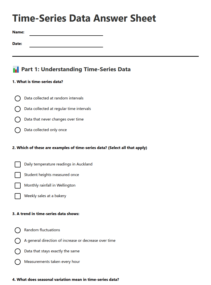 Time-Series Data Answer Sheet worksheet preview