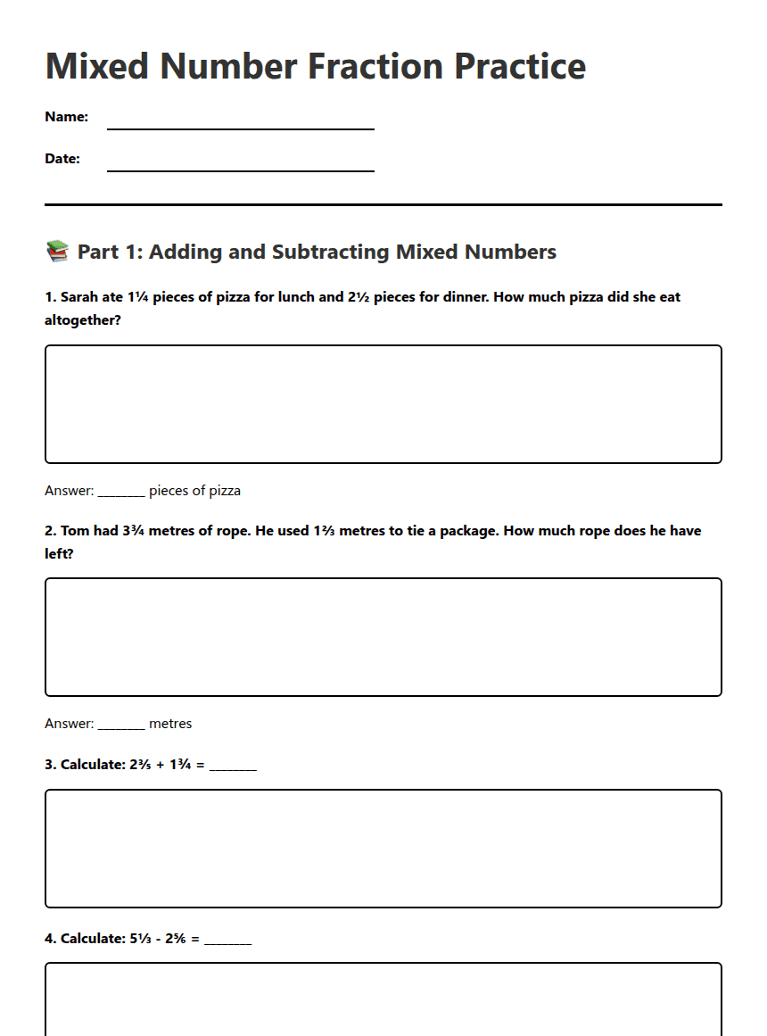 Mixed Number Fraction Practice worksheet preview