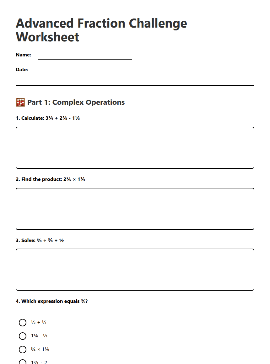 Advanced Fraction Challenge Worksheet worksheet preview