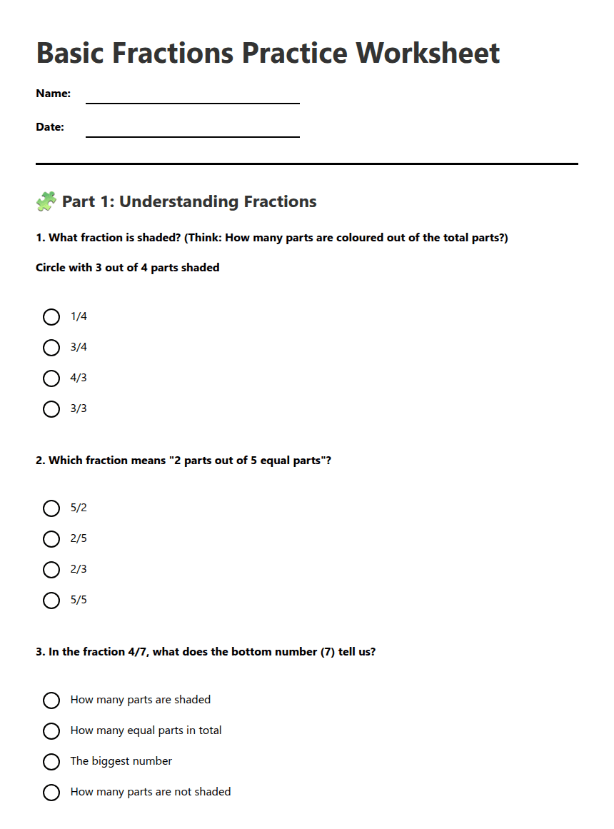 Basic Fractions Practice Worksheet worksheet preview