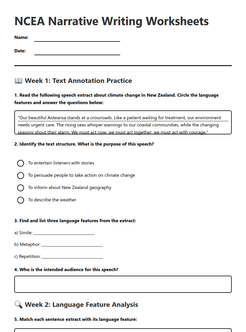 NCEA Narrative Writing Worksheets worksheet preview