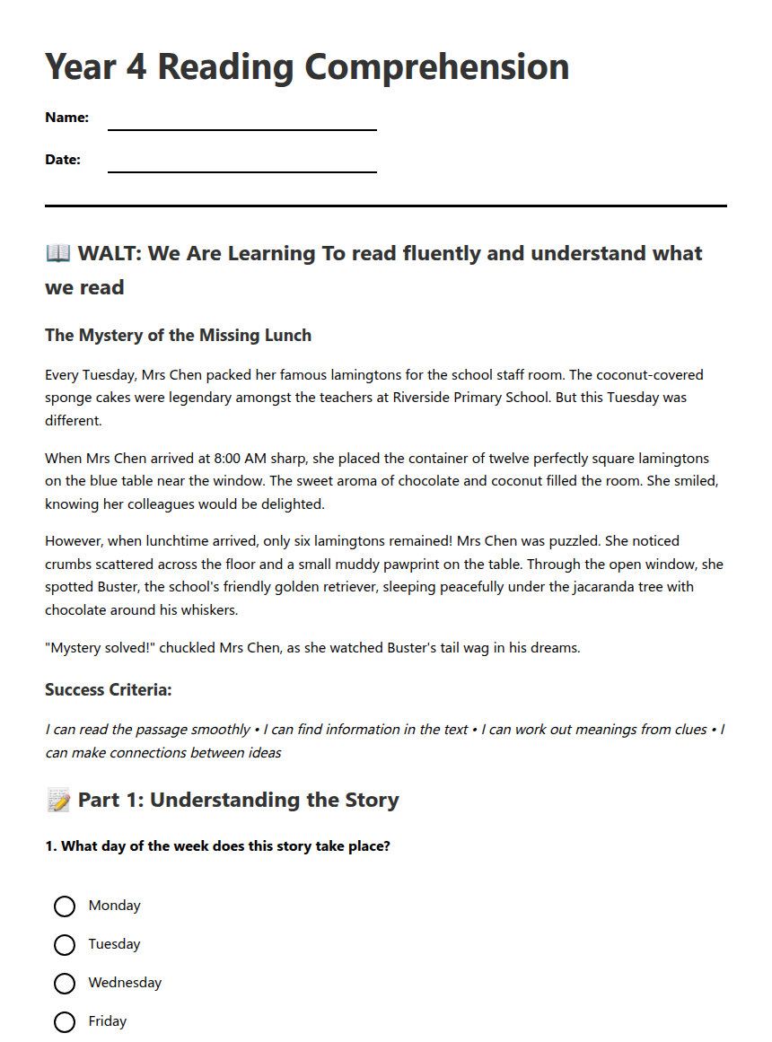 Year 4 Reading Comprehension