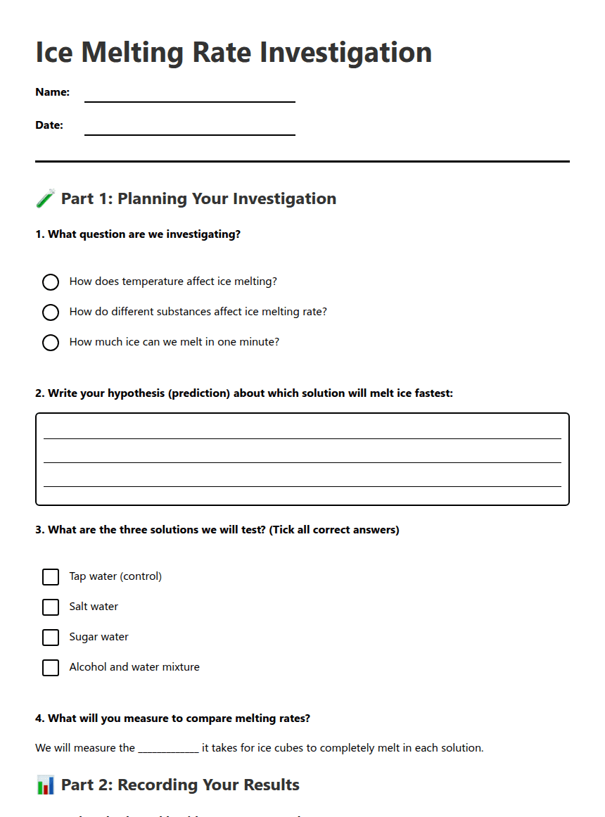 Ice Melting Rate Investigation worksheet preview