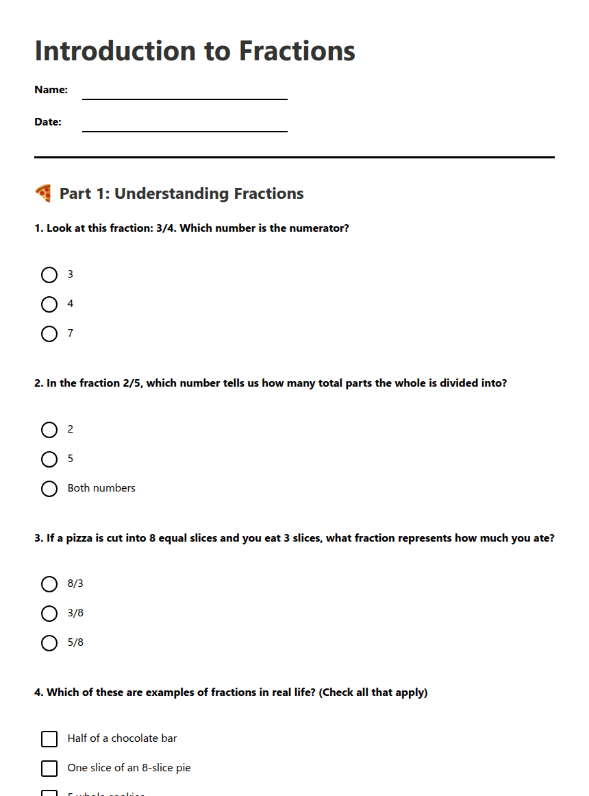 Introduction to Fractions worksheet preview