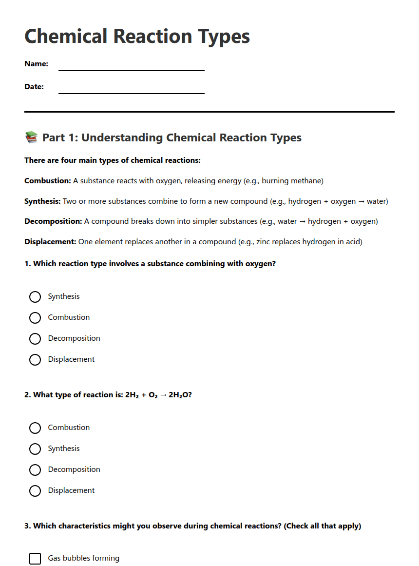 Chemical Reaction Types worksheet preview