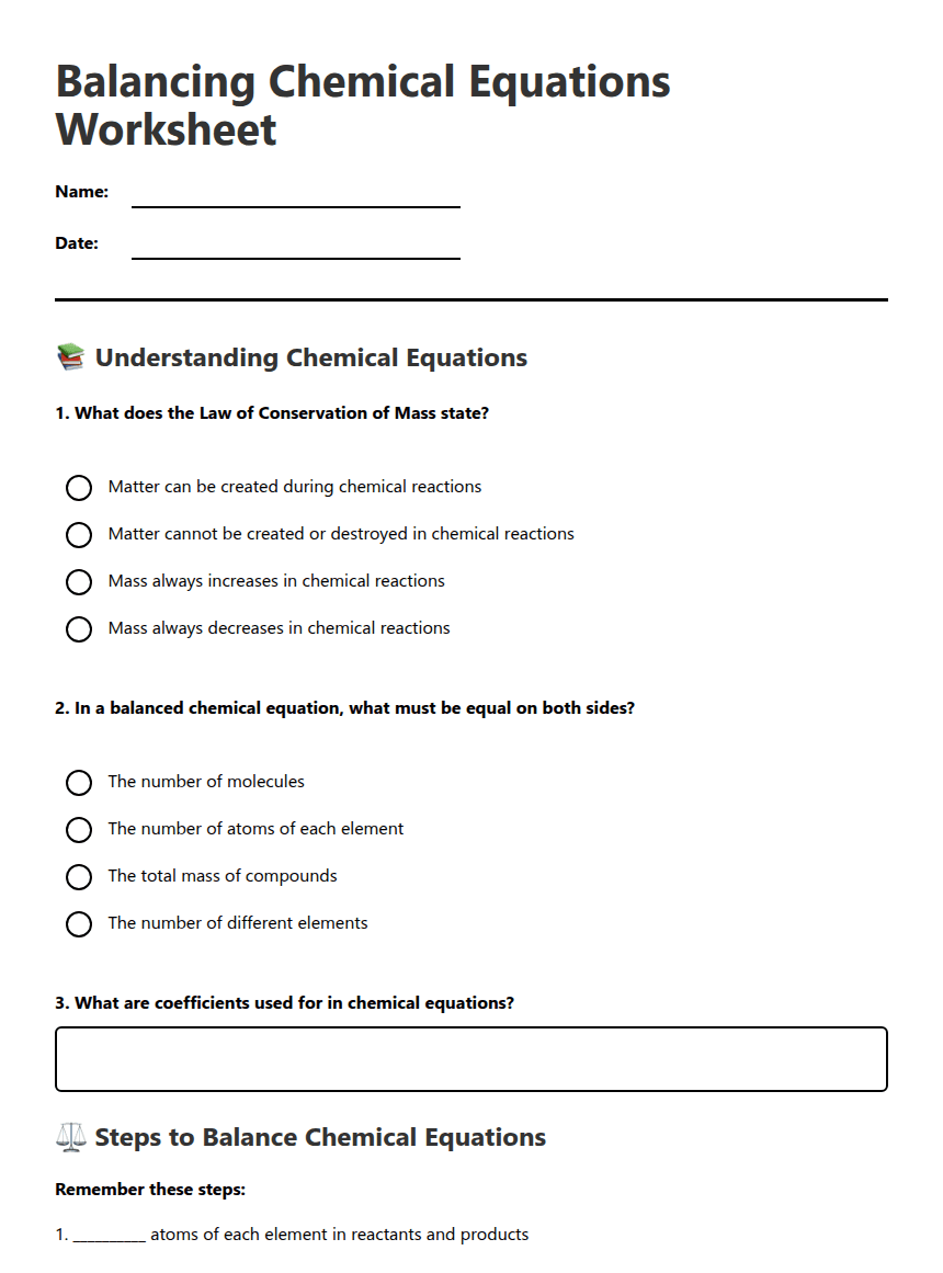 Balancing Chemical Equations Worksheet worksheet preview