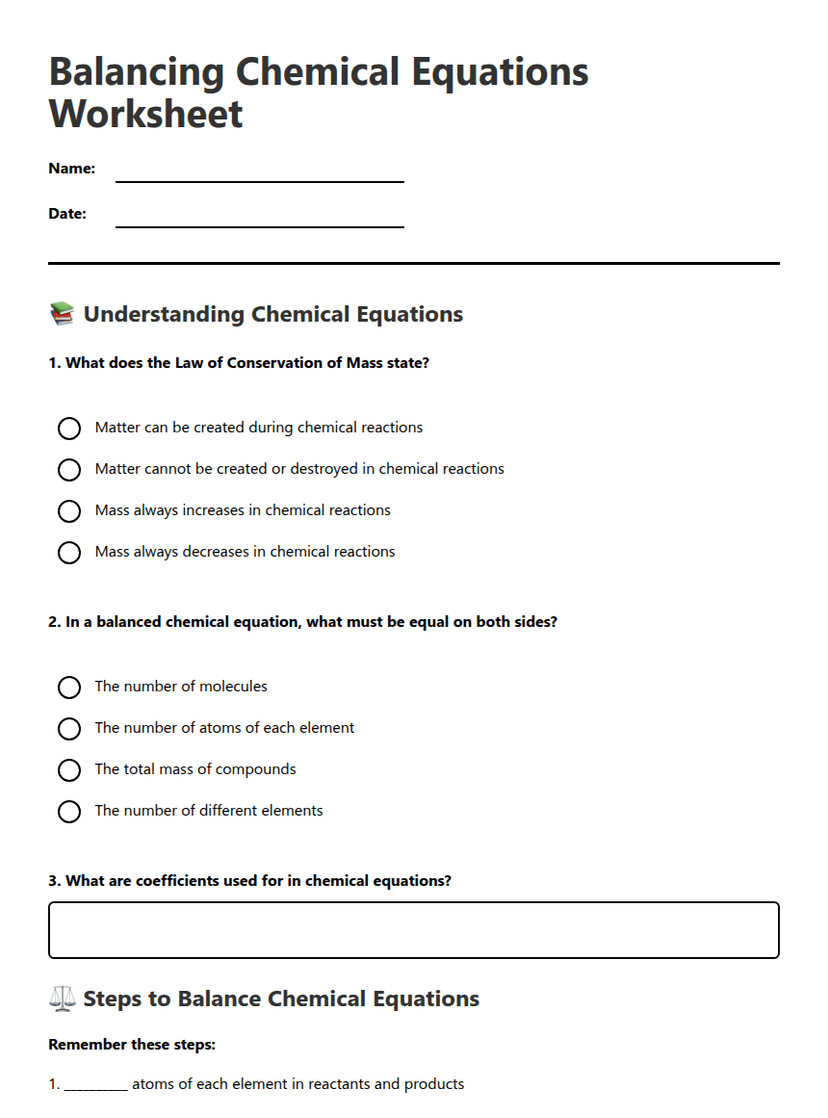 Balancing Chemical Equations Worksheet