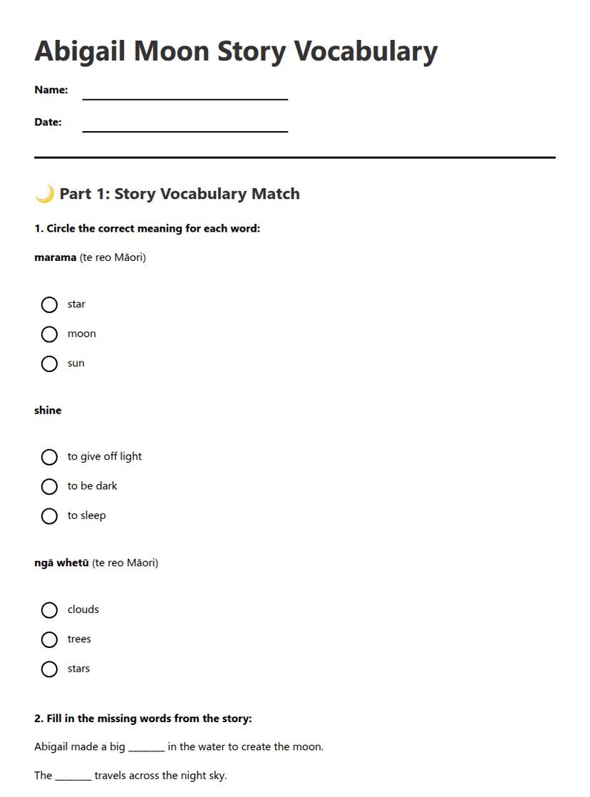 Abigail Moon Story Vocabulary