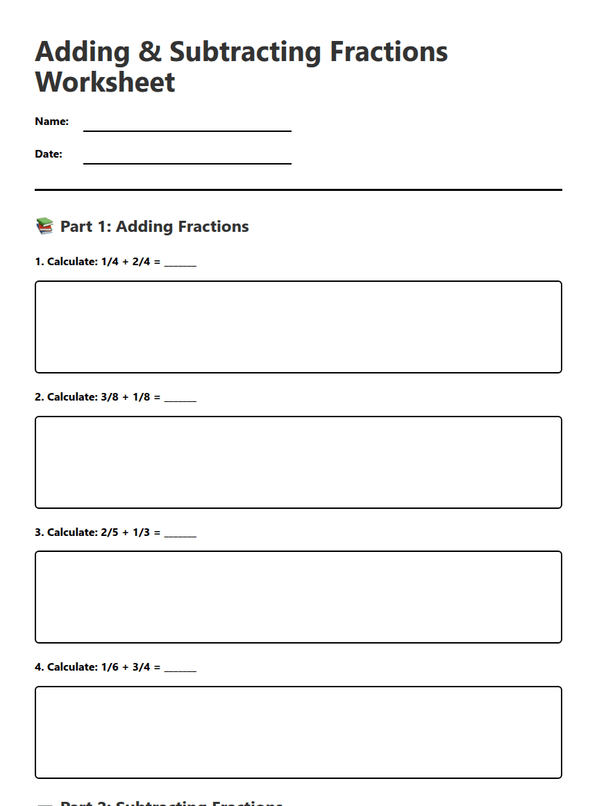Adding Subtracting Fractions Worksheet worksheet preview