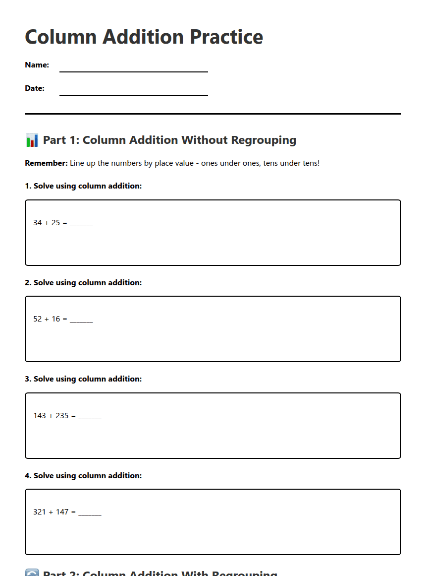 Column Addition Practice worksheet preview