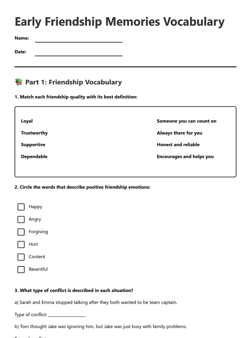Early Friendship Memories Vocabulary