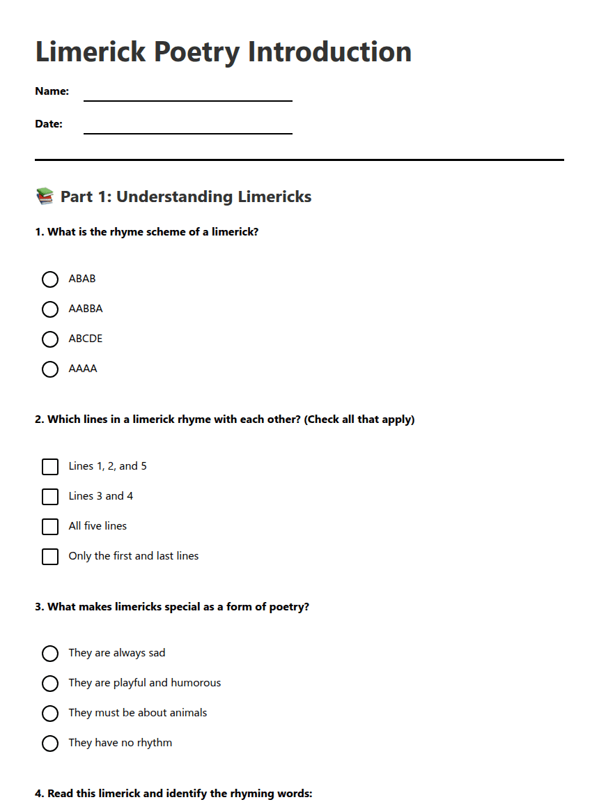 Limerick Poetry Introduction worksheet preview