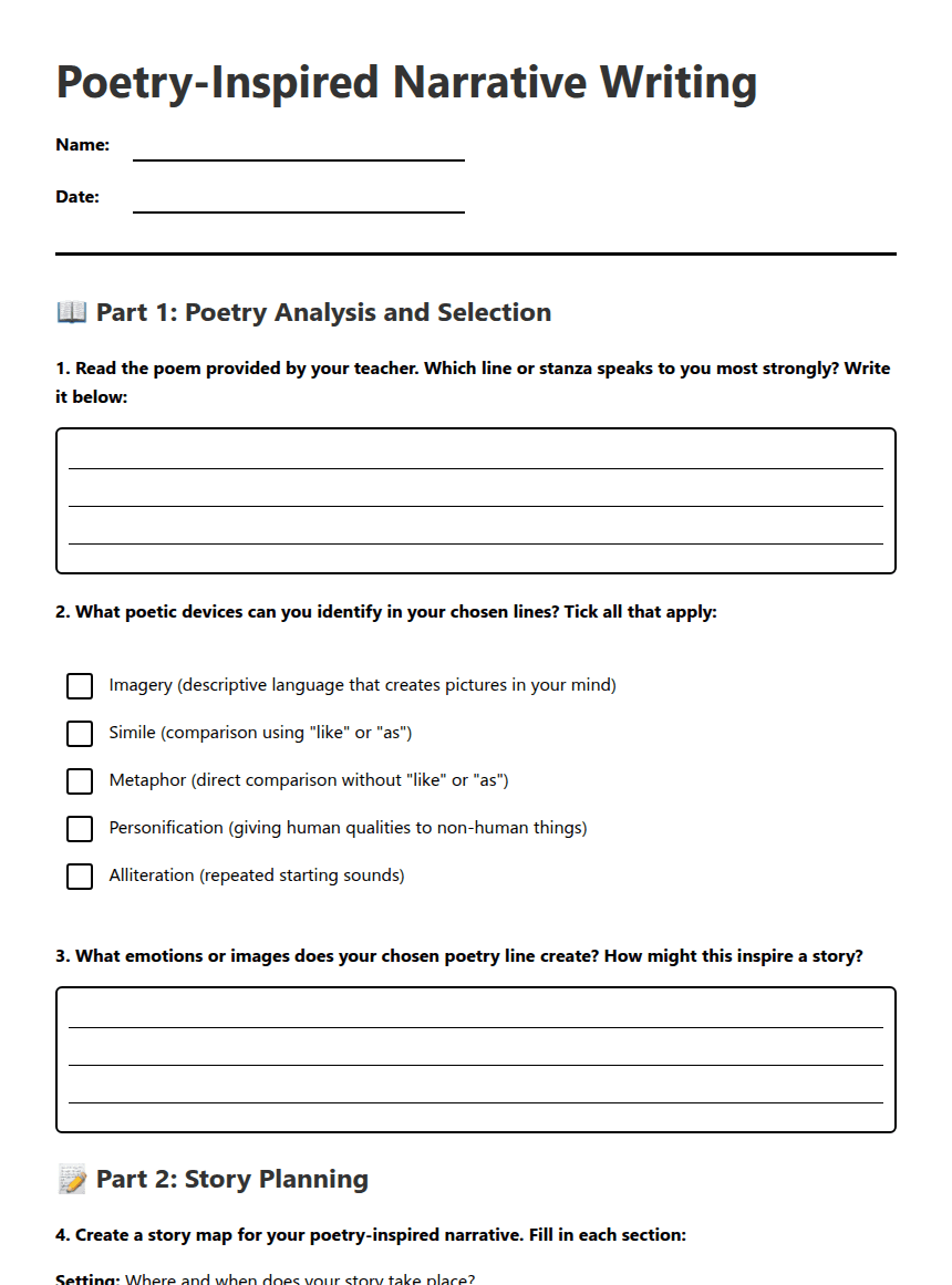 Poetry-Inspired Narrative Writing worksheet preview