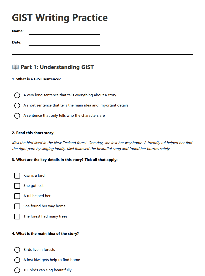 GIST Writing Practice worksheet preview