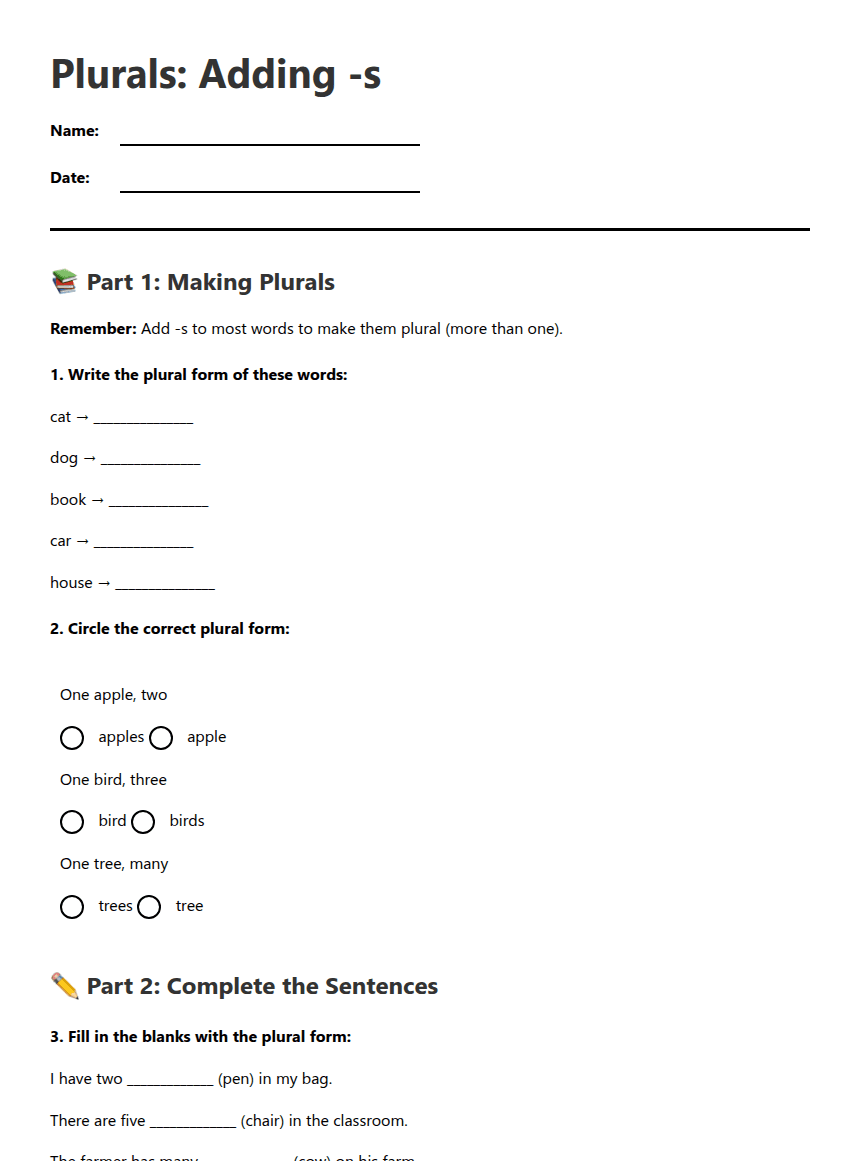 Plurals and -ing Suffixes worksheet preview