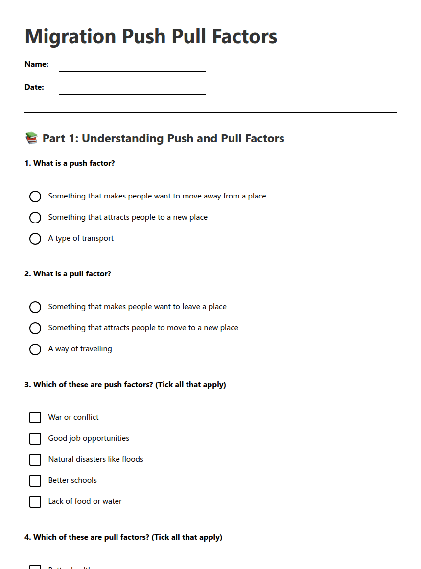 Migration Push Pull Factors worksheet preview
