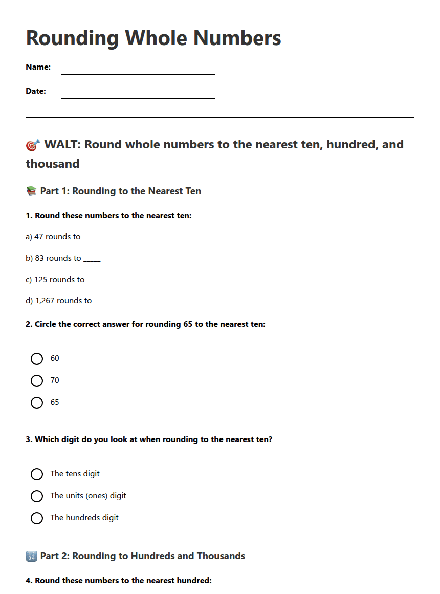 Rounding Whole Numbers worksheet preview