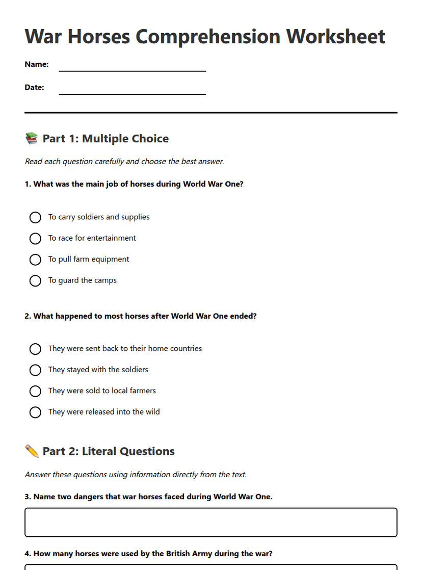 War Horses Comprehension Worksheet