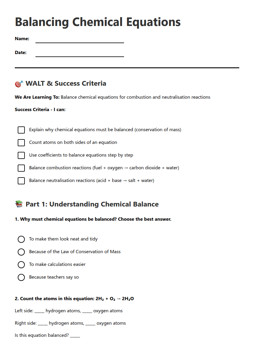 Balancing Chemical Equations worksheet preview