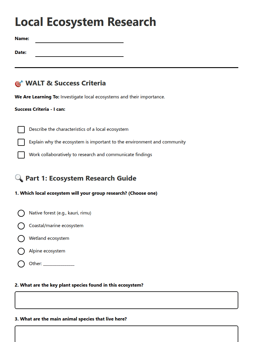 Local Ecosystem Research worksheet preview