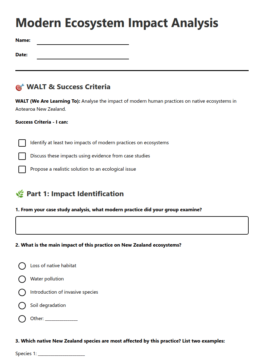 Modern Ecosystem Impact Analysis worksheet preview