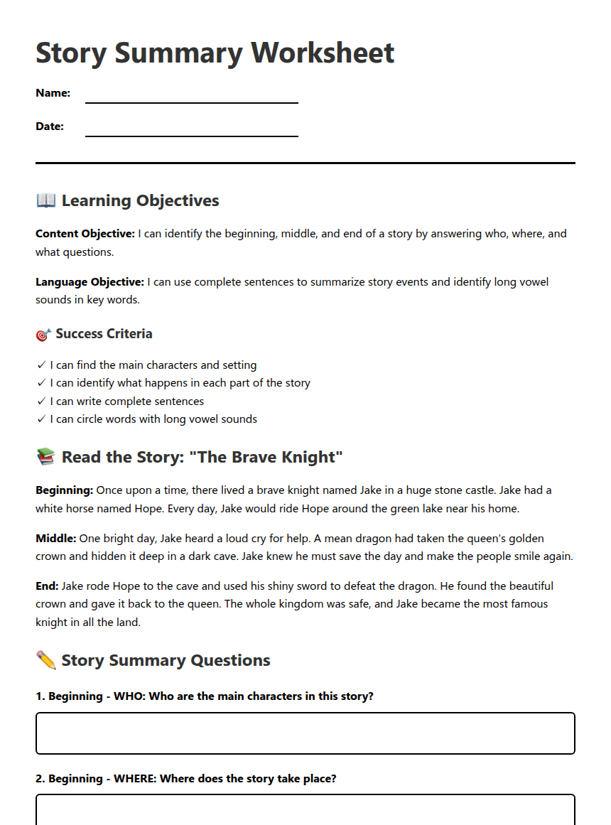 Story Summary Worksheet worksheet preview