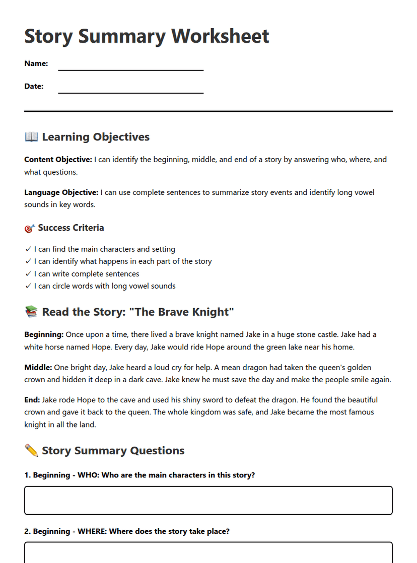 Story Summary Worksheet