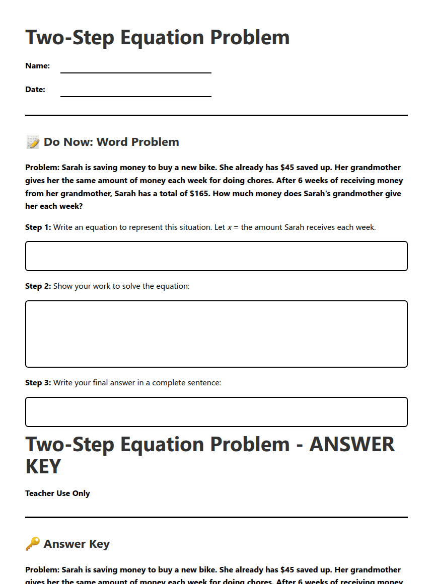 Two-Step Equation Problem worksheet preview