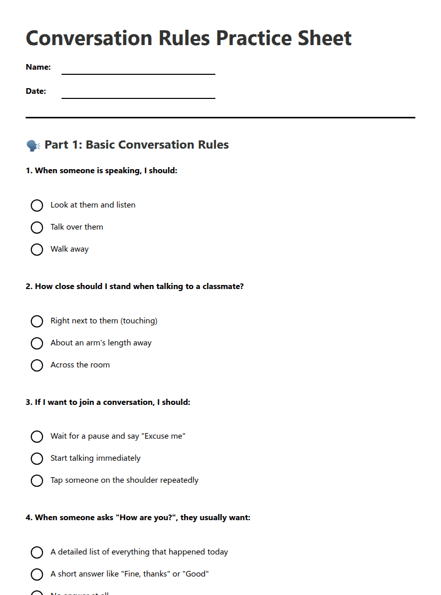 Conversation Rules Practice Sheet worksheet preview