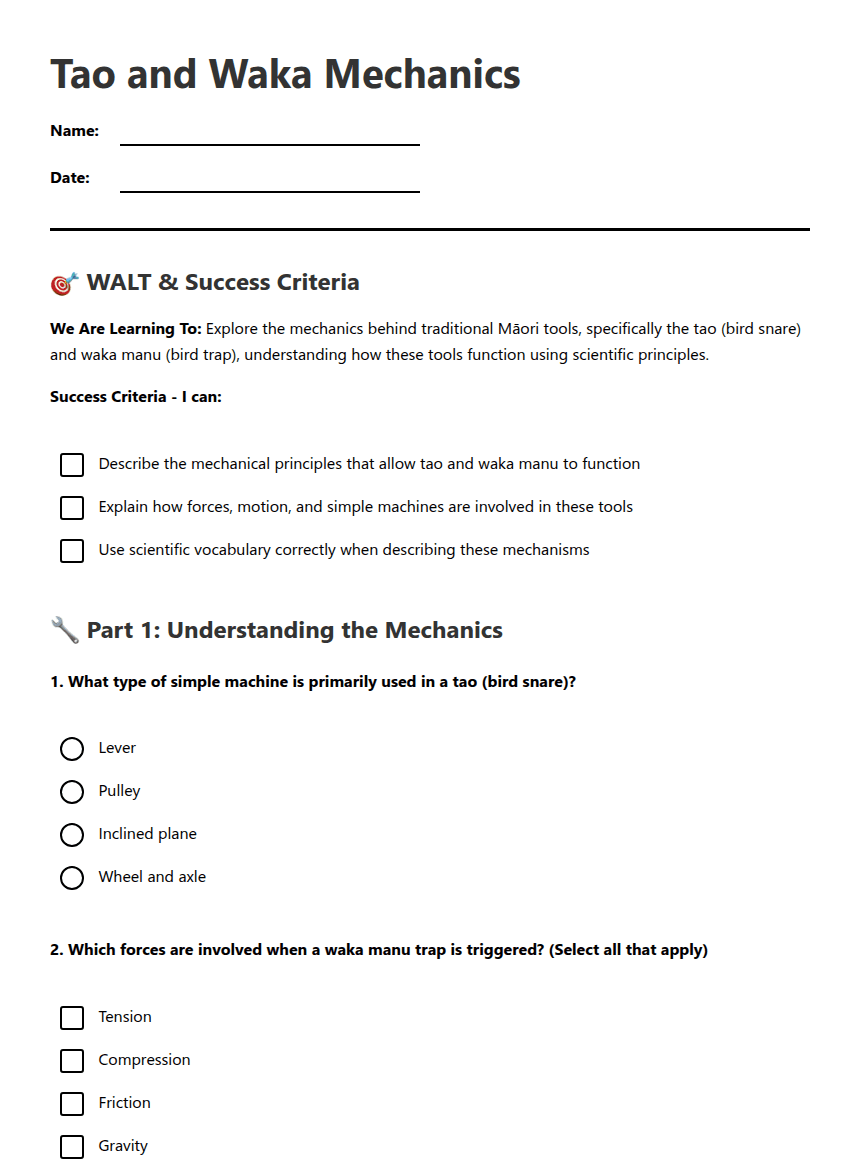 Tao and Waka Mechanics worksheet preview