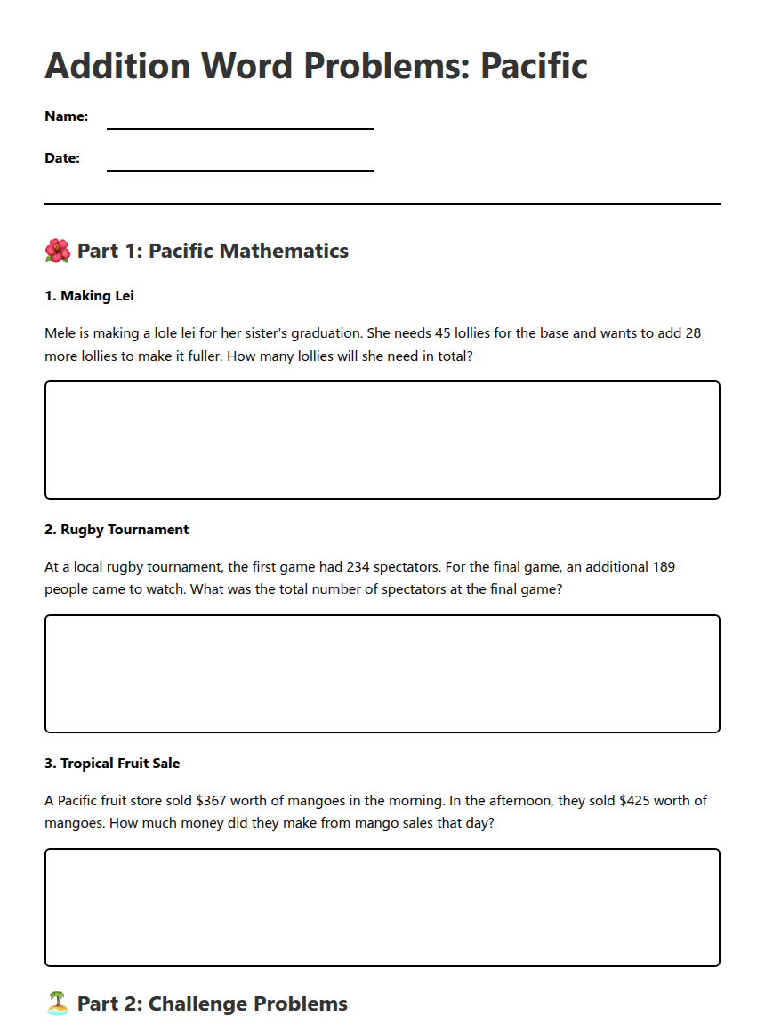 Addition Word Problems: Pacific worksheet preview